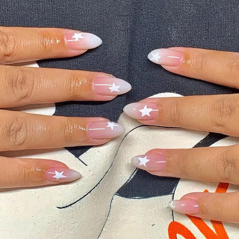 Press on Nails Short Almond MABKJLF, Pink Full Cover French Fake Nails with Star Designs for Women & Girls