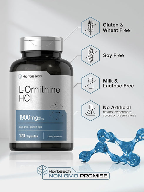 Horbaeach L Ornithine HCl - 1900mg - 120 Capsules Non-GMO & Gluten Free Supplement