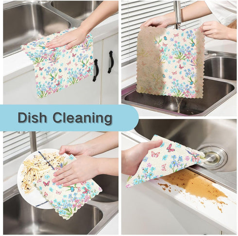 Kitchen Dish Cloths Towels with Blue Flowers and Butterflies, Reusable Super Absorbent Cleaning Rags, 12x12 in 6 Pack