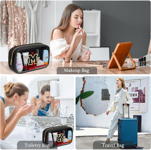Initial Clear Makeup Bag Organizer for Women, Travel Toiletry Bag, Cosmetic Essentials Gifts for Mom, Teacher,