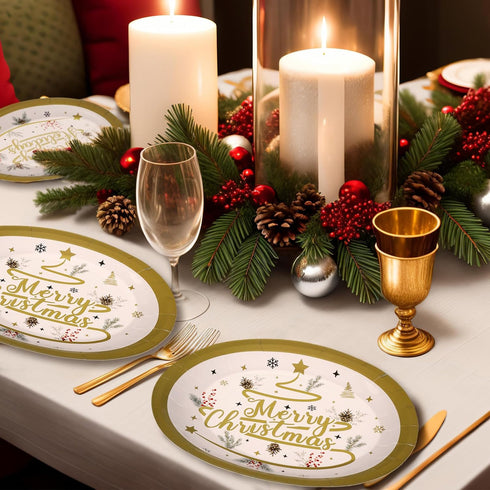Suttmin 50 10'' 12'' Pcs Merry Christmas Oval Paper Plates Happy Holiday Disposable Paper Plates x Dinner Gold