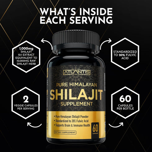 Shilajit Supplement - 60 Capsules Pure Himalayan Authentic Shilaijt Resin with 20% Fulvic Acid for Energy Support
