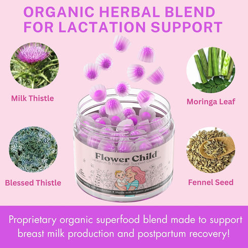 Gummies 60 Count Flower Child Breastfeeding for Milk Production with Organic Moringa, Milk Thistle, Choline & DHA