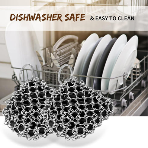 2pack Cast Iron Scrubber | 316 Chainmail Scrubber for Cast Iron Pan, Silicone Insert Cleaner