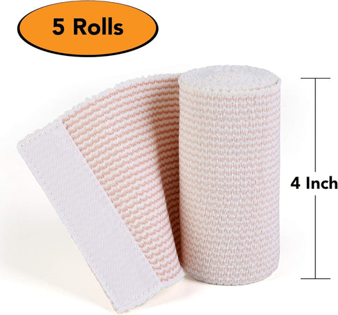 HOSPORA Latex-Free Compression Cotton Elastic Bandage, 4 Inch with Hook and Loop Closure, Pack of 5