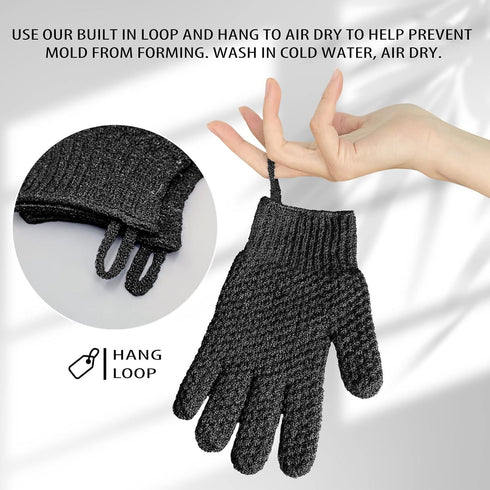 Evridwear Exfoliating Dual Texture Bath Gloves - 1 Pair Black Heavy Glove for Shower, Spa, Massage, Body Scrubs