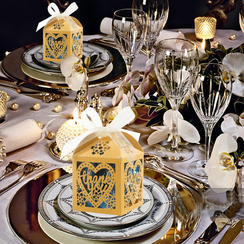 COTOPHER Laser Cut Boxes, 100pcs Thank You Gift Boxes for Wedding Party Favor, Gold (2x2x2.75inch)