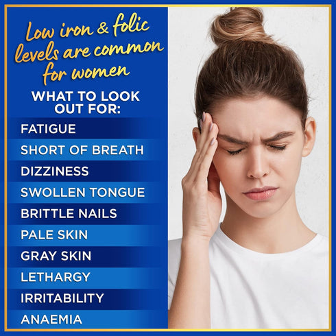 Iron Pills for Women - Iron Supplement with Folic Acid for Anemia, Period, Pregnancy Support - 180 Vegan Tablets