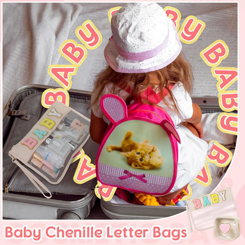 Hillban 2 Pcs Gifts Chenille Letter Bags, Preppy Patch Makeup Bag Flat Clear Pouch, PVC Organizer Purse Waterproof