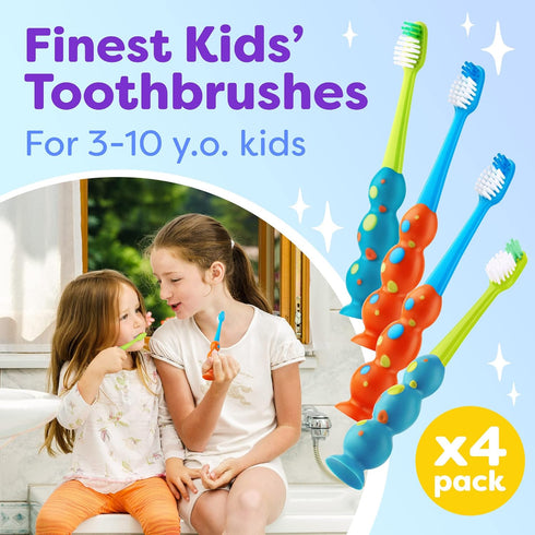 Kids Toothbrush 4 Pack, Soft Contoured Bristles, Child Sized Brush Heads with Suction Cup for Easy Storage