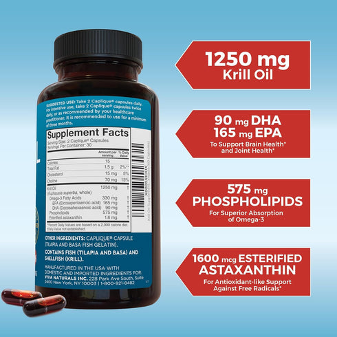 Viva Naturals Antarctic Krill Oil Omega 3 Fatty Acid Supplements - 1250 mg for Brain, Joint Health & Antioxidant