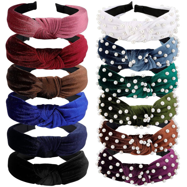 VELSCRUN Pearl Headband, Black White Pink Red Knotted Headbands for Women, Beaded Non Slip Wide Top Knot Hair