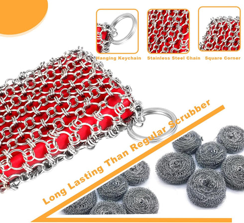 Cast Iron Scrubber, Chainmail Scrubber for Cast Iron Pan, Metal Sponge Cleaner for Skillet, Wok & Dutch Oven