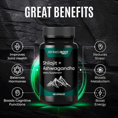 Shilajit Supplement 1000mg & Ashwagandha 500mg (180 Capsules) - Pure Himalayan Organic - Stronger than Resin