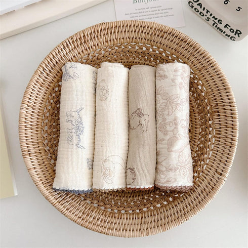 BuLuTu 100% Cotton Muslin Kitchen Towels, Cute Animals Pattern, Soft and Super Absorbent Cleaning Rags, 4 Pack