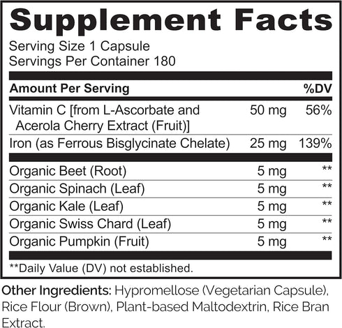 NATURELO Vegan Iron Supplement with Vitamin C and Organic Whole Foods - Gentle Iron Pills for Women & Men, 180 Mini