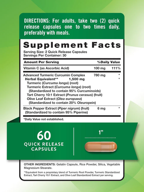 Nature's Truth Turmeric Curcumin 1500 mg - 60 Capsules with Black Pepper Extract & Olive Leaf - Non-GMO