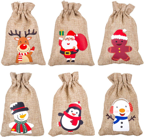 DERAYEE 12Pcs Christmas Jute Burlap Gift Bags with Drawstring, Small Craft Canvas Goodie Bags for Xmas Party Wedding