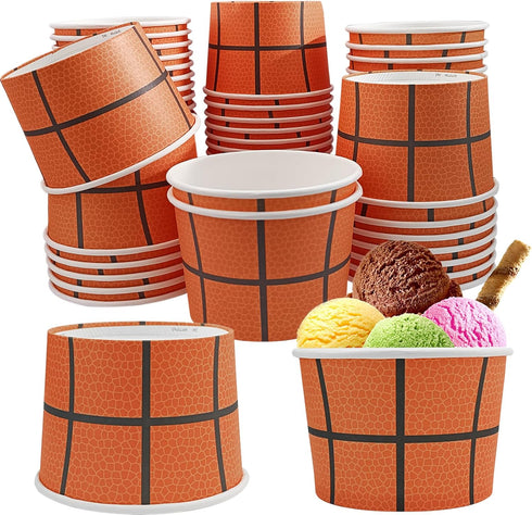50 Pcs Basketball Paper Ice Cream Cups, 9 OZ Orange Basketball Party Supplies for Snacks, Dessert, Soup, Yogurt