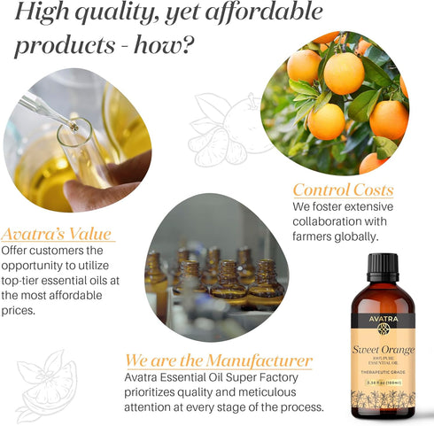 Avatra Orange Essential Oil for Diffuser, Skin, Aromatherapy | Natural & Undiluted | 3.38 Fl Oz with Glass Dropper