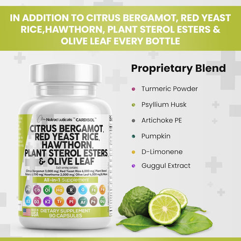 Clean Nutraceuticals Citrus Bergamot 3000mg & Red Yeast Rice 6000mg Capsules, USA Made - with Plant Sterols & More