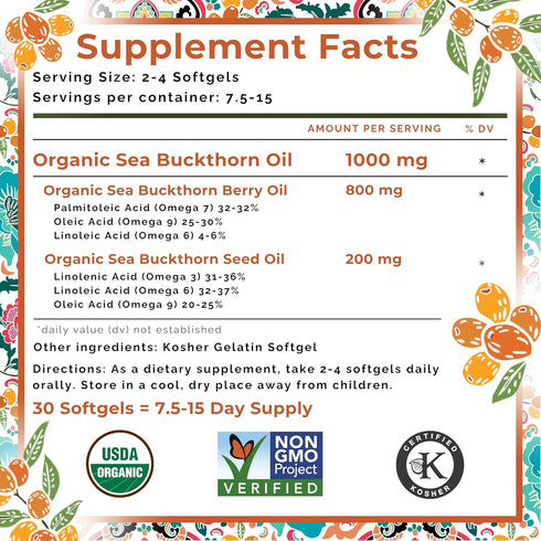 Organic Sea Buckthorn Oil - Omega-7 Complete Softgels, 30 Count, Supports Hair, Skin & Nail Health
