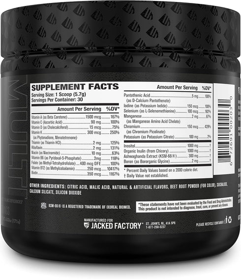 Jacked Factory Vita XT Performance Vitamin Powder, Daily Multivitamin for Men with KSM-66 Ashwagandha, 30 Servings,