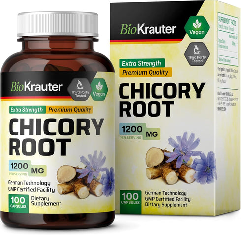 BIO KRAUTER Chicory Fiber Supplement - 1200 mg Strength, 100 Count Inulin Capsules for Digestive Support