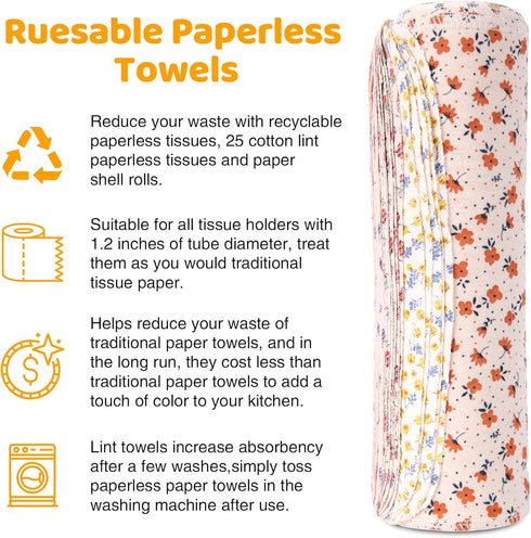 Reusable Paper Towels Roll - 25 Packs Eco Friendly Washable Cotton Flannel, 10 X 10in Super Soft