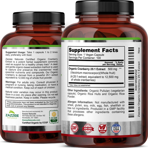 Zazzee USDA Organic Cranberry 25:1 Extract, 12,500 mg Strength, 100 Vegan Capsules, Certified Organic, Non-GMO