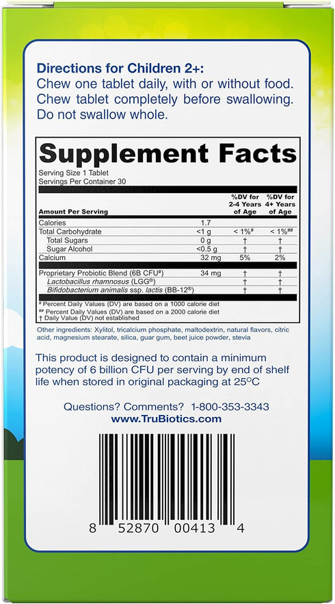 TruBiotics Probiotics for Kids, Sugar-Free Chewable for Digestive & Immune Health, Natural Strawberry Flavor, 30 Tablets