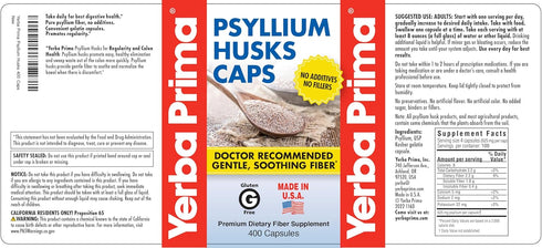 Yerba Prima Psyllium Husks Caps, 625 mg, 400 Capsules - Natural Fiber Supplement for Men and Women, Regularity Support