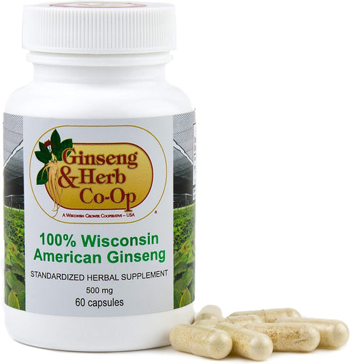 100% Pure Wisconsin American Ginseng Capsules - 500mg Authentic Panax Quinquefolius, No Fillers or Additives