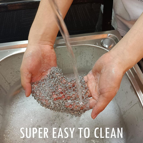 2Pack Cast Iron Scrubber - Stainless Steel Chain Mail Scrubber for Dutch Oven, Carbon Steel Wok, Grill Pan Cleaning Tool