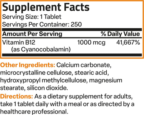 Bronson Vitamin B12 1000 mcg Sustained Release Tablets - 250 Count for Nervous System Support