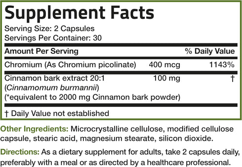 Bronson Cinnamon Plus Chromium Picolinate Supplement, High Potency Chromium, Non-GMO, 60 Vegetarian Capsules
