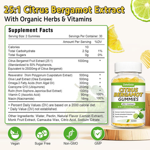 Zetelixia Gummies, Immune 60 Count Citrus Bergamot Citrus Bergamot Supplement for High Cholesterol, Cholesterol