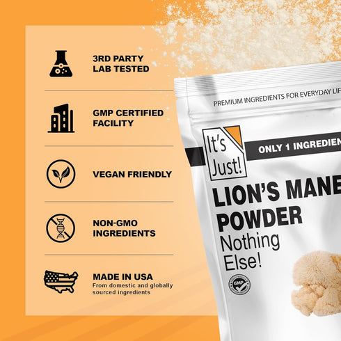 Immune 8oz It's Just! - Lion's Mane Mushroom Powder, Natural Raw Superfood, Brain Support, Health, Boost Energy