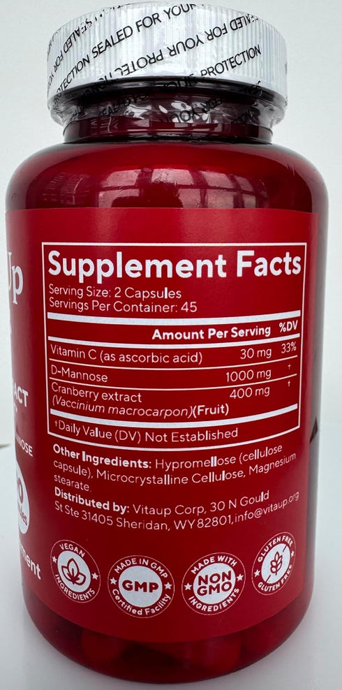 Immune 90 VitaUp D-Mannose Supplements for Women USA Made D-Mannose with Cranberry & Vitamin C Cranberry Pills
