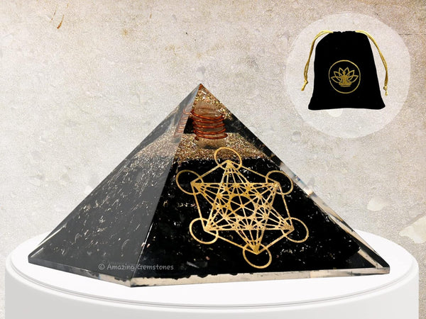 Large Orgone Pyramid of Shungite Stones, Metatron Cube Orgonite Pyramid for Positive Energy