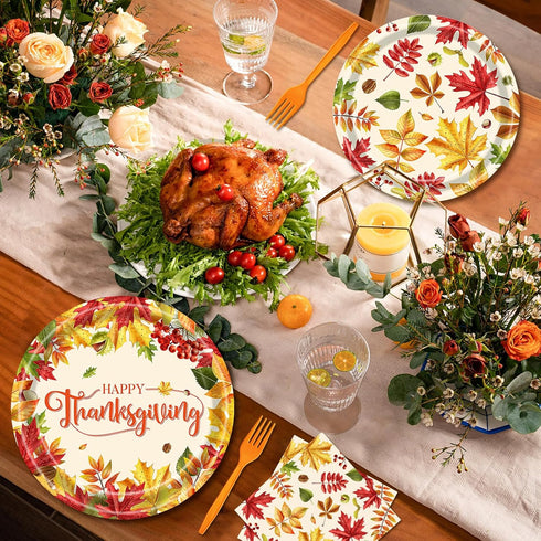 Temicle 96 Set 24 Pieces Fall Leaves Thanksgiving Tableware Autumn-Themed Disposable Party Supplies with Paper Plates