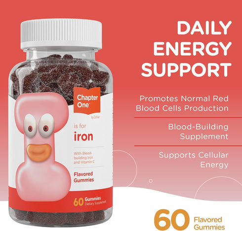 Zahler Chapter One Iron Gummies, 10mg Iron for Adults with Vitamin C, 60 Flavored Gummies, Kosher