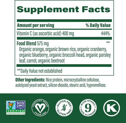 MegaFood Ultra C 400 mg - Vegan Immune Support Supplement with Real Food - 60 Tablets, Gluten-Free