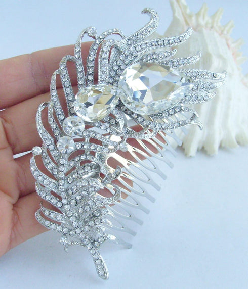 Sindary Bridal Headpiece, 4.33" Rhinestone Crystal Peacock Feather Hair Comb for Women