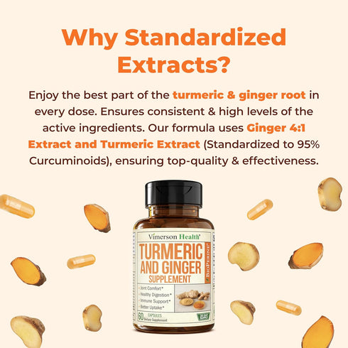 Turmeric Supplement with Ginger Root for Joint & Digestion Support, 60 Caps