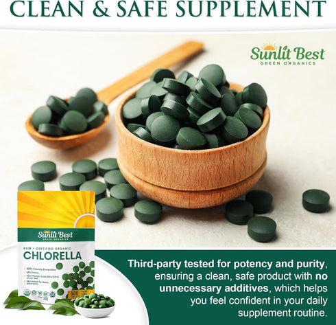 Sunlit USDA Organic Premium Chlorella Tablets, 500 Tabs, 100% Pure Superfood Supplement High in Protein and Vitamins