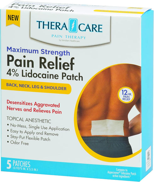 Thera|Care Pain Relief Patch, 4% Lidocaine Patch, 3.9” x 5.5”, 5-Count Box