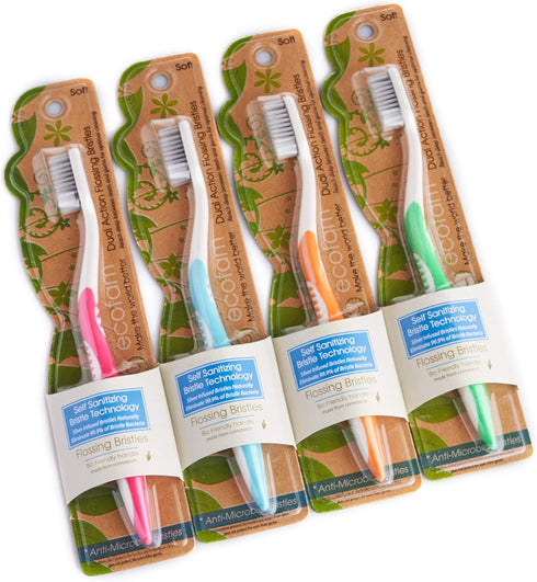 Earth Friendly Compostable Adult Manual Toothbrushes - Silver Infused Soft Bristle Toothbrush (4 Pack) (8 Pack Multi Color)