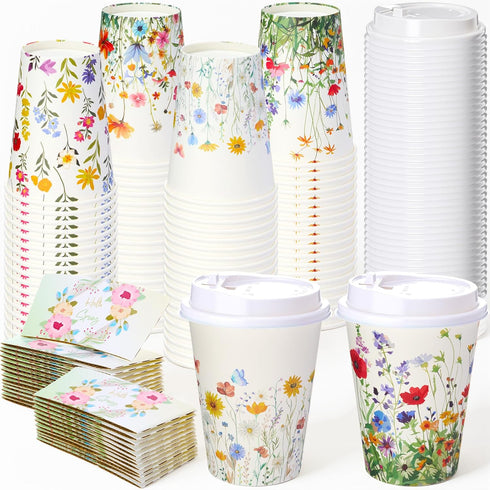LemonRoad 48 Sets 12 oz Wildflower Paper Disposable Coffee Cups with Lid, Sleeves,