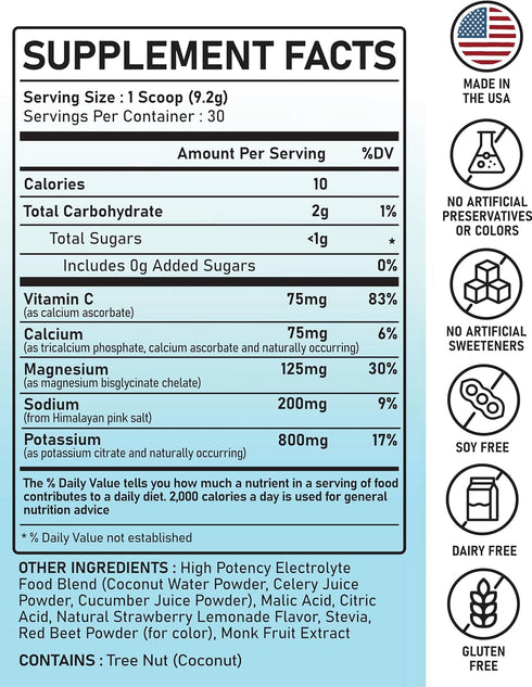 Electrolytes Powder Hydration | Real Food High Potency Strawberry Lemonade 30 Servings Electrolyte Supplement